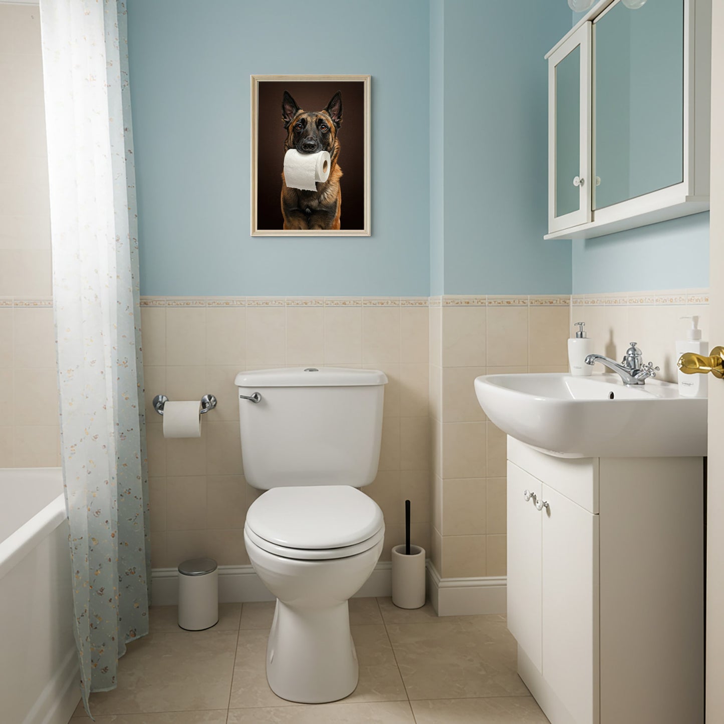 Malinois mordant un rouleau de papier toilette, Humour Toilettes, Poster WC, Cadeau Malinois, Affiche encadrée, Poster chien