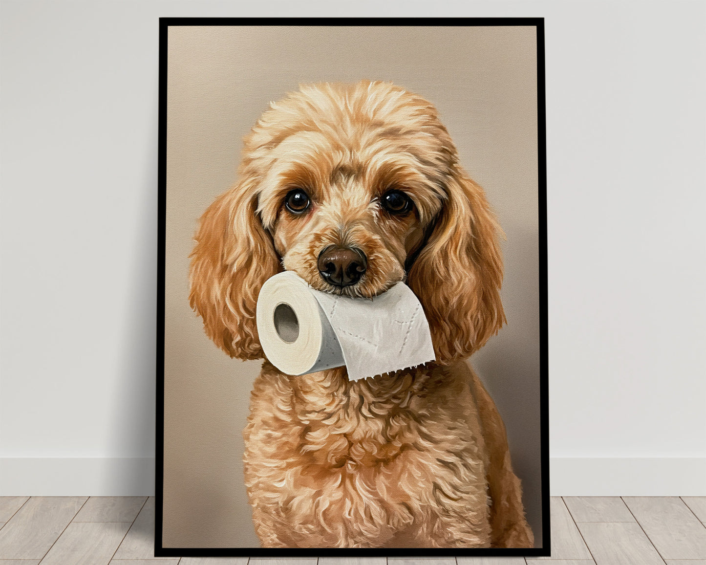 Poodle with toilet paper roll in mouth, Toilet Humor, Cream Poodle Gifts, Bathroom Print, Dog Lover Gift, WC Wall Art, Framed Print