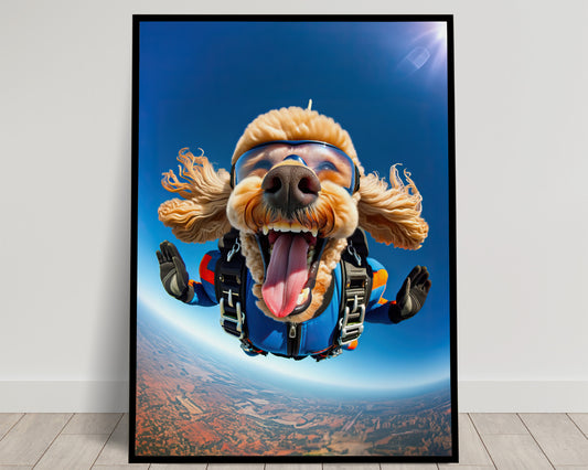 Epic Skydiving Poodle Poster – Unique Animal Wall Art, Extreme Sport Dog Print Decor for Dog Lovers