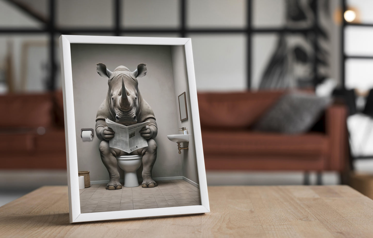 Poster d'un Rhinocéros lisant le journal sur les toilettes, Humour WC, Déco Salle de Bain, Art Mural Fun, Cadeau Original