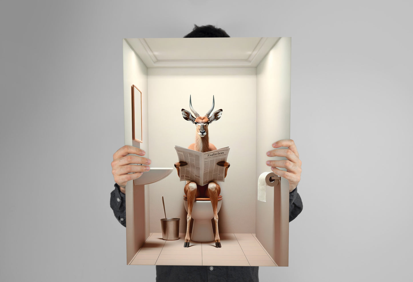 Poster Humour : Antilope lisant le journal, Décoration Fun Salle de Bain, Art Mural WC, Idée Cadeau Originale