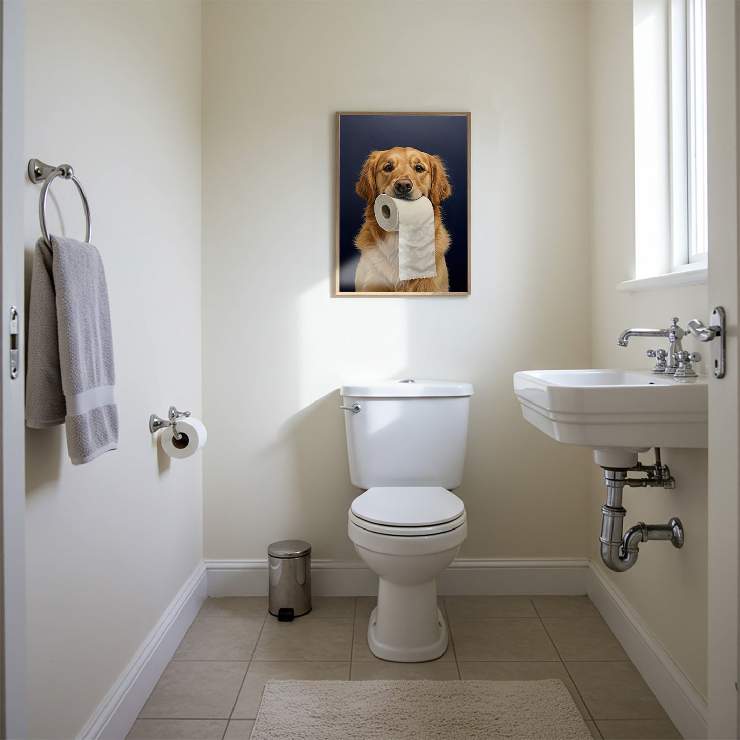 Golden Retriever with toilet paper roll in mouth, Toilet Humor, Golden Retriever Gifts, Bathroom Print, Dog Lover Gift, WC Wall Art, Framed Print
