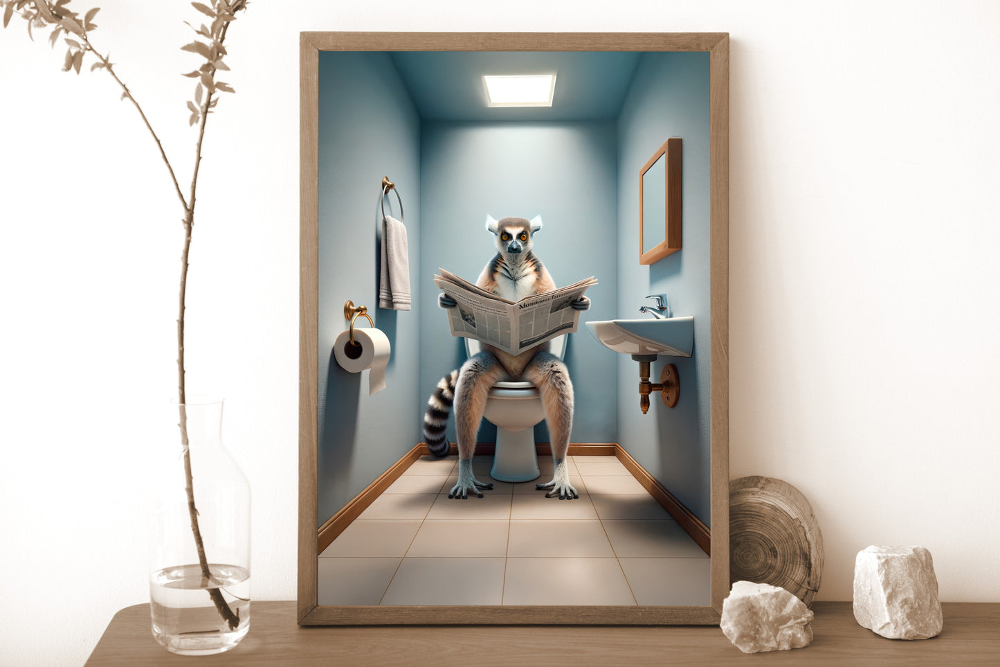 Poster Humour Lémurien sur Toilettes - Décoration Salle de Bain, Cadeau Amusant, Art Mural WC, Idée Déco Originale