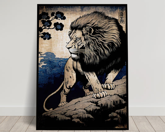 Japanese Lion Ukiyo-e Print Poster - Traditional Art Style Wall Decor, Japanese Lion Wall Art Poster