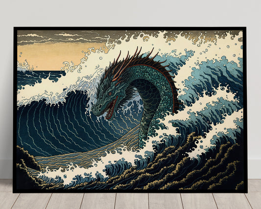 Japanese Dragon Wall Poster - Mythological Water Dragon Art, Nippon-Inspired Wall Decoration, Japanese Illustration Decor