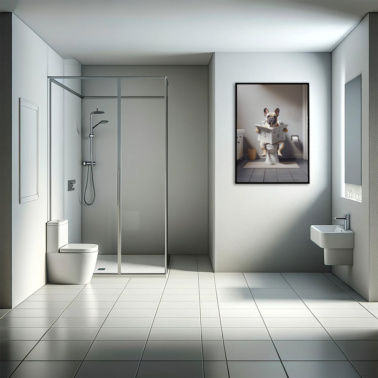 Funny French Bulldog Reading Newspaper Poster – Bathroom Wall Art Decor, Gag Gift for WC/Toilet