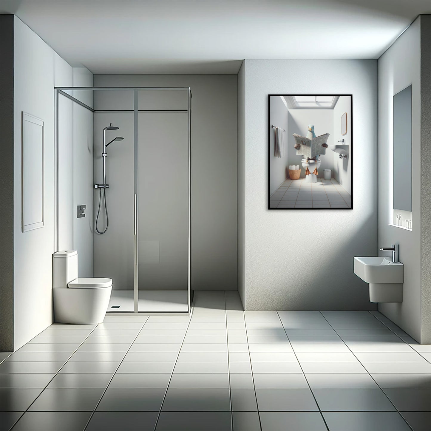 Poster Humour : Mouette lisant le journal aux toilettes - Décoration WC, Salle de Bain, Cadeau Original et Fun