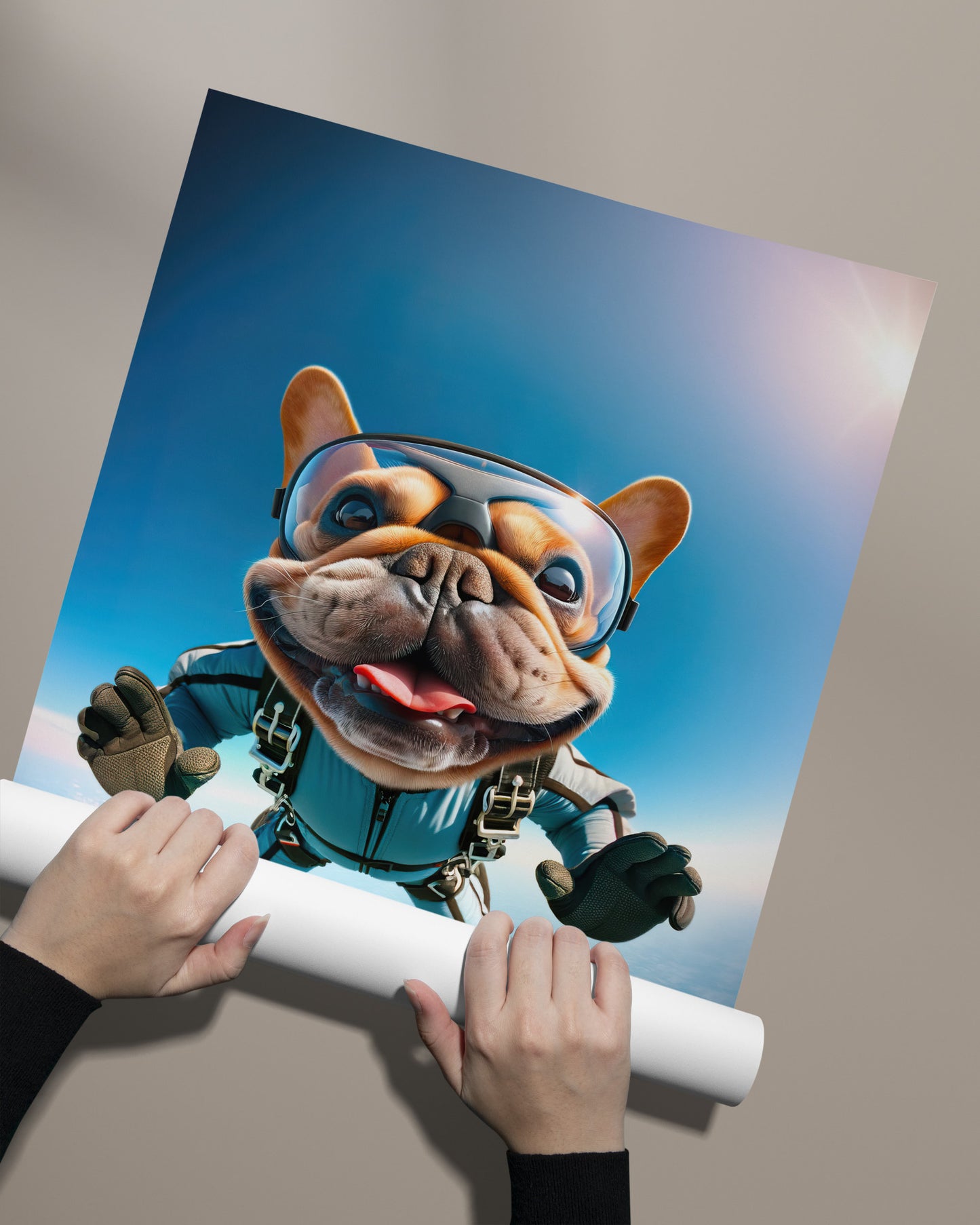 "Epic Skydiving French Bulldog Poster - Unique Animal Print Wall Art for Dog Lovers & Extreme Sport Décor"