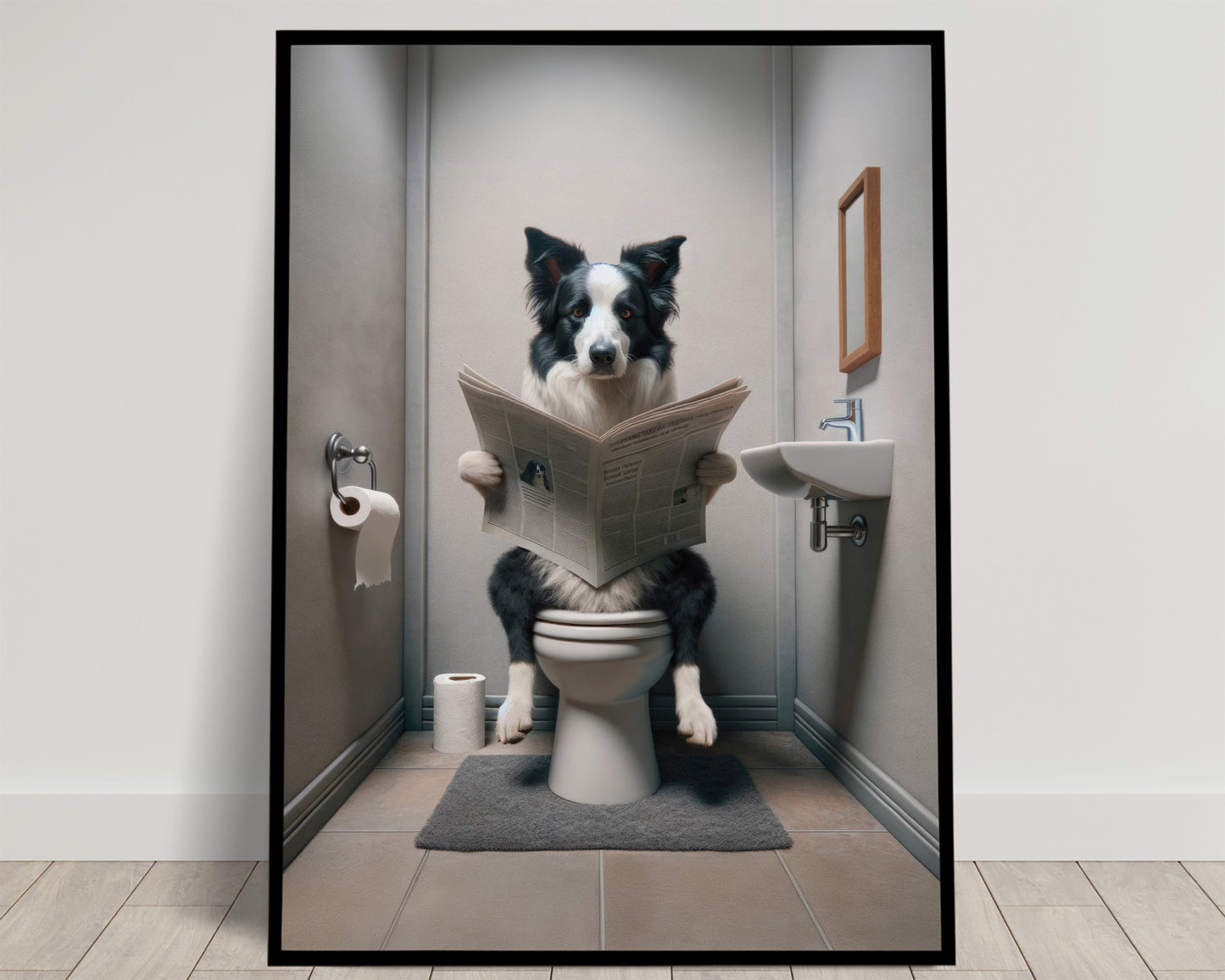 "Border Collie Reading Newspaper Poster - Funny Bathroom Decor, Wall Art for WC, Unique Gag Gift"
