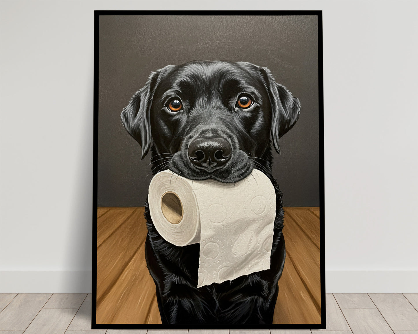 Labrador mordant un rouleau de papier toilette, Humour Toilettes, Poster WC, Cadeau Labrador, Affiche encadrée, Poster chien