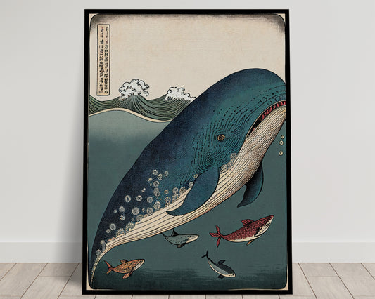 Japanese Whale and Fish Wall Poster - Ukiyo-e Style Print, Art Decor for Home