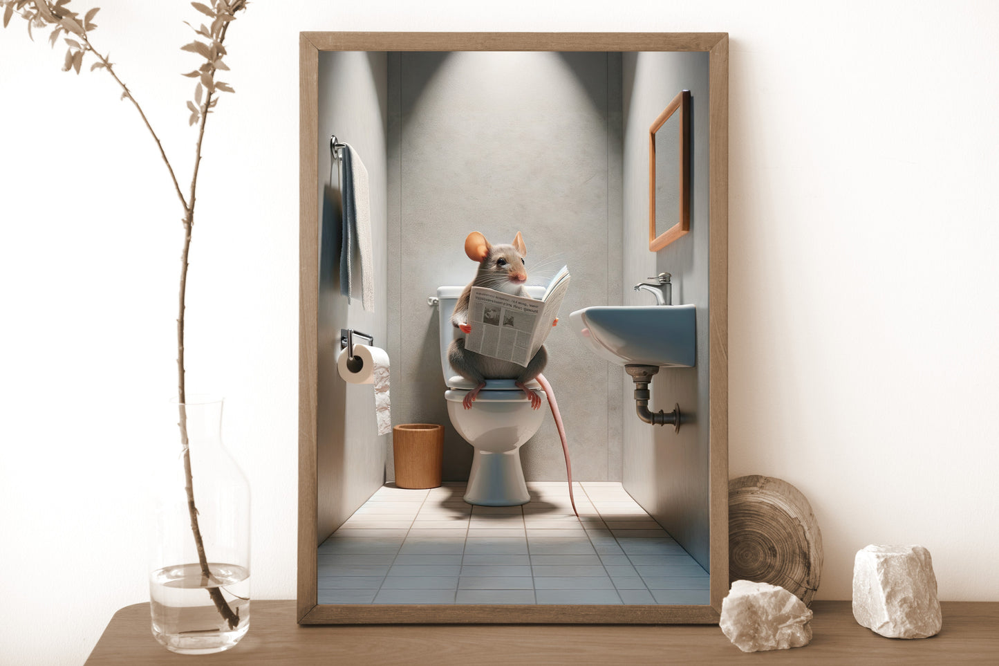Poster Souris lisant le journal sur toilettes, Humour WC, Déco Salle de Bain, Cadre Mur, Art Mural Toilette, Idée Cadeau Amusante