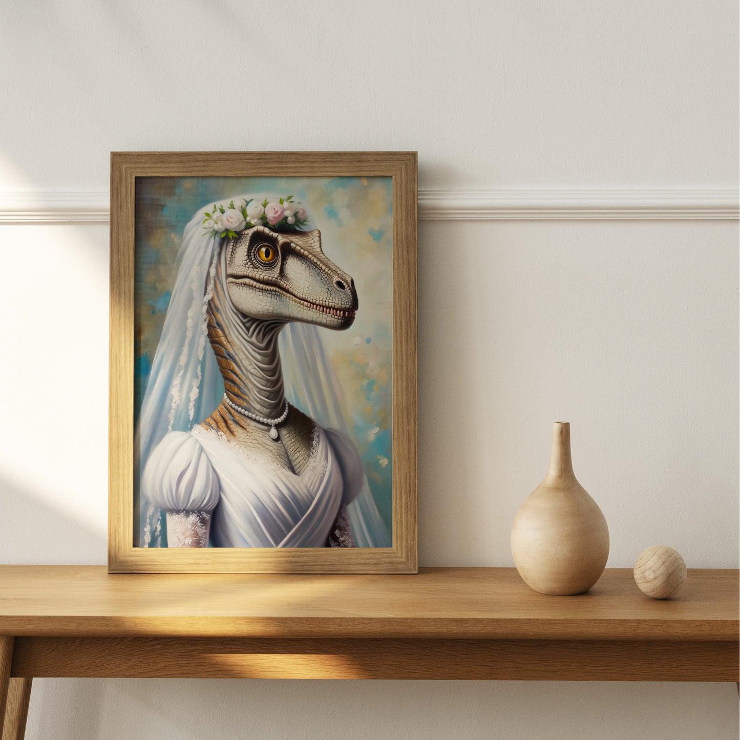 Unique Velociraptor Bride Poster - Dinosaur Wedding Dress Wall Art - Funny Animal Decor Gift
