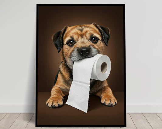 Poster chien Border Terrier drôle pour toilettes – Décoration murale WC humoristique – Cadeau original, affiche encadrée