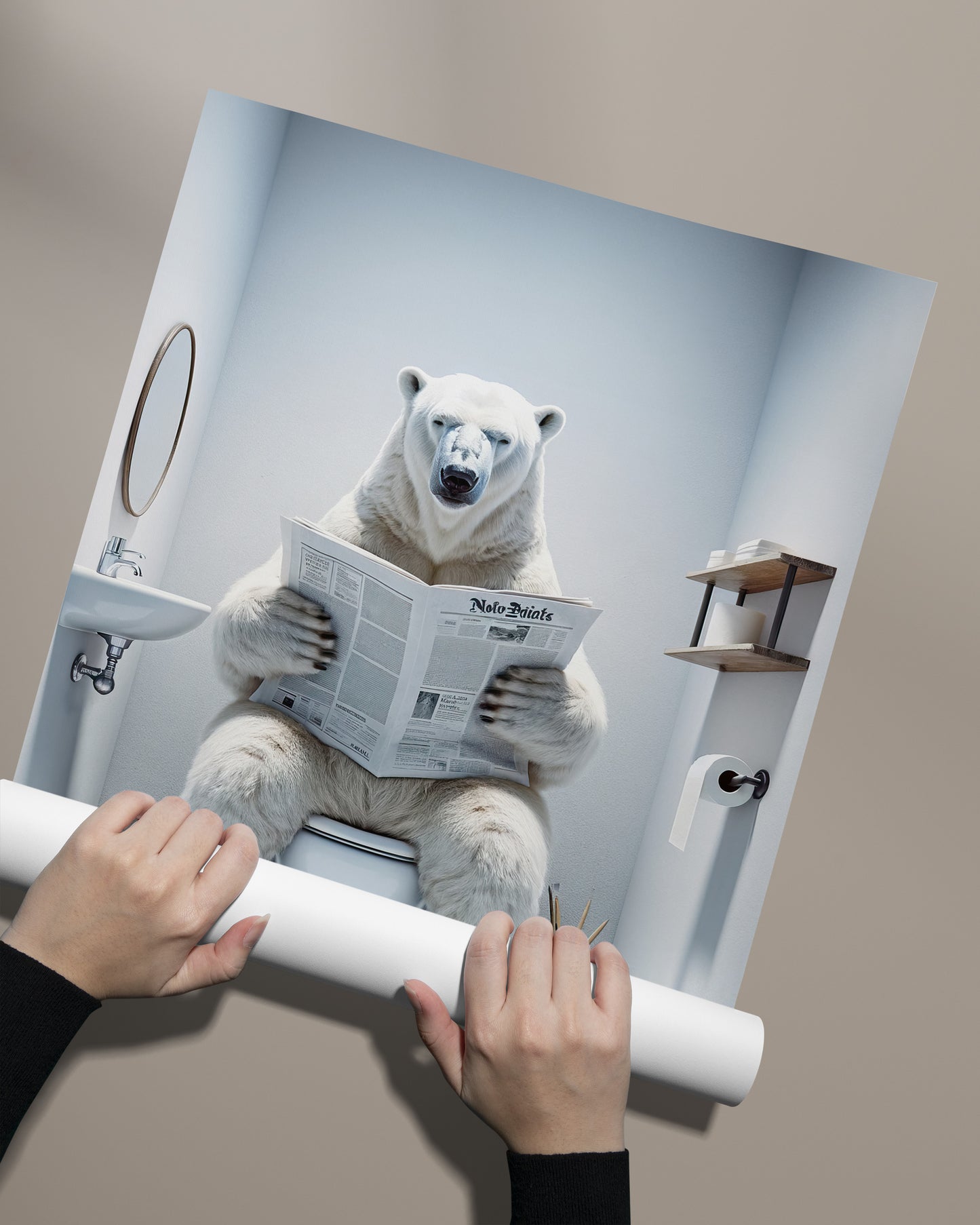 Poster d'un Ours polaire lisant le journal, Décoration Humour WC, Cadre déco Salle de bain, Cadeau Fun, Affiche Toilette