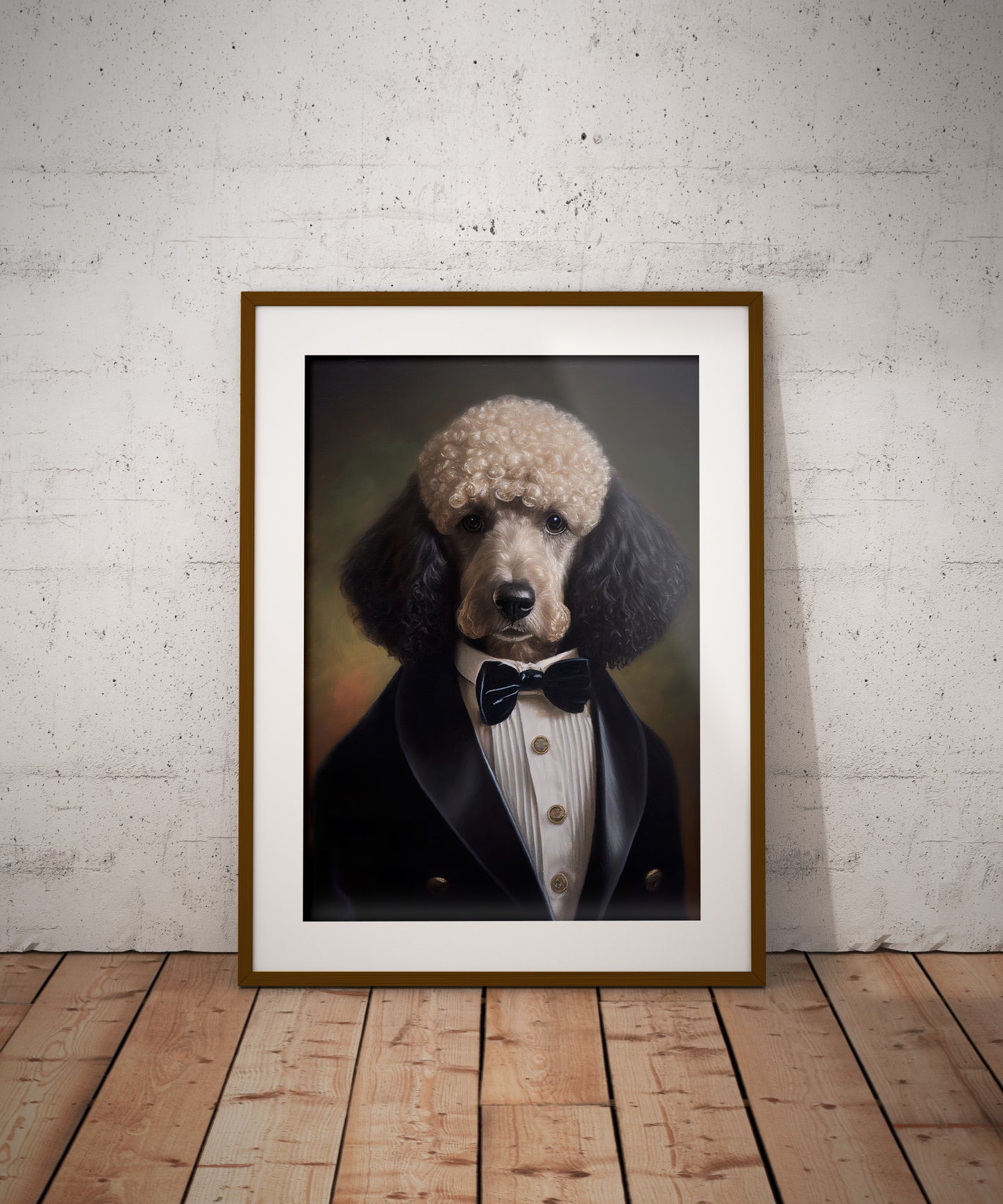Chic Poodle in Tuxedo Poster – Elegant Dog Wall Art | Humorous Pet Portrait Print for Home Decor