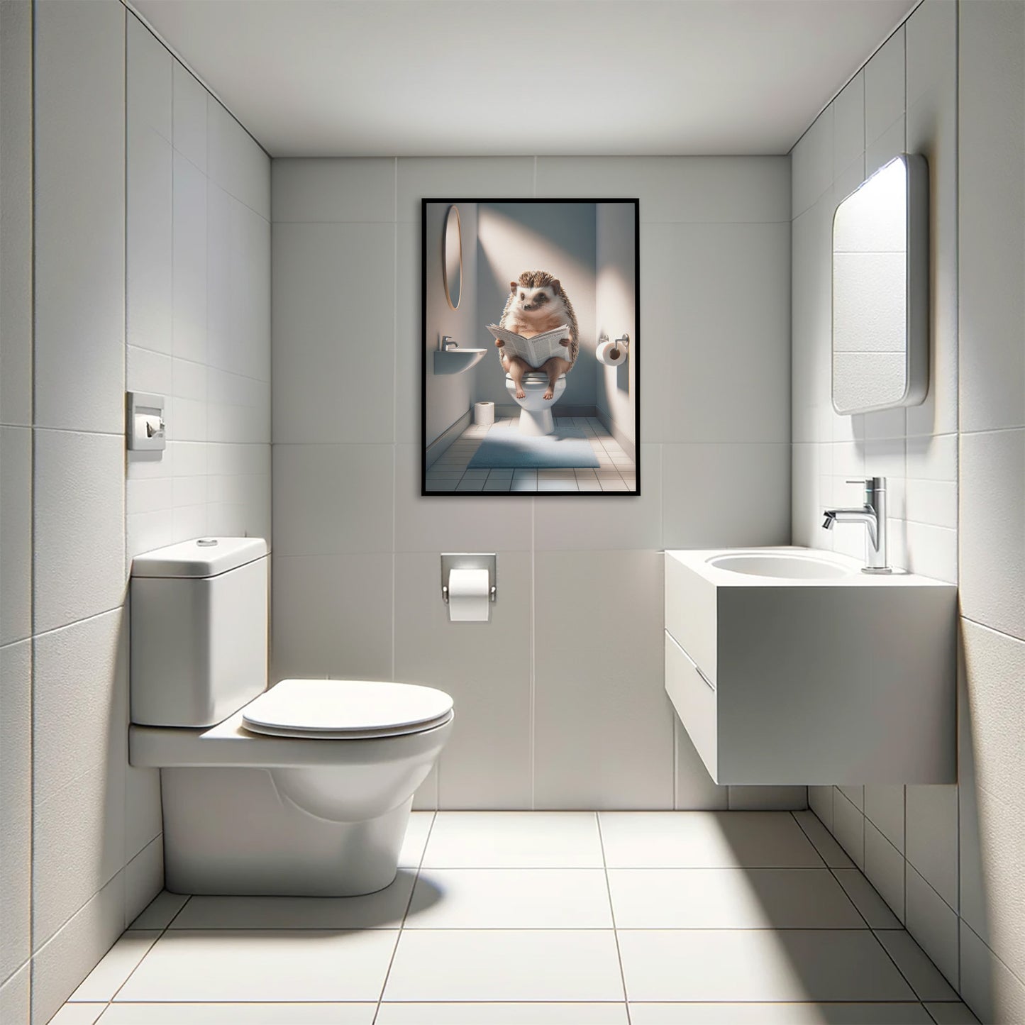 Hedgehog Reading Newspaper Toilet Poster - Funny Bathroom Decor, Unique Wall Art, WC Gag Gift 