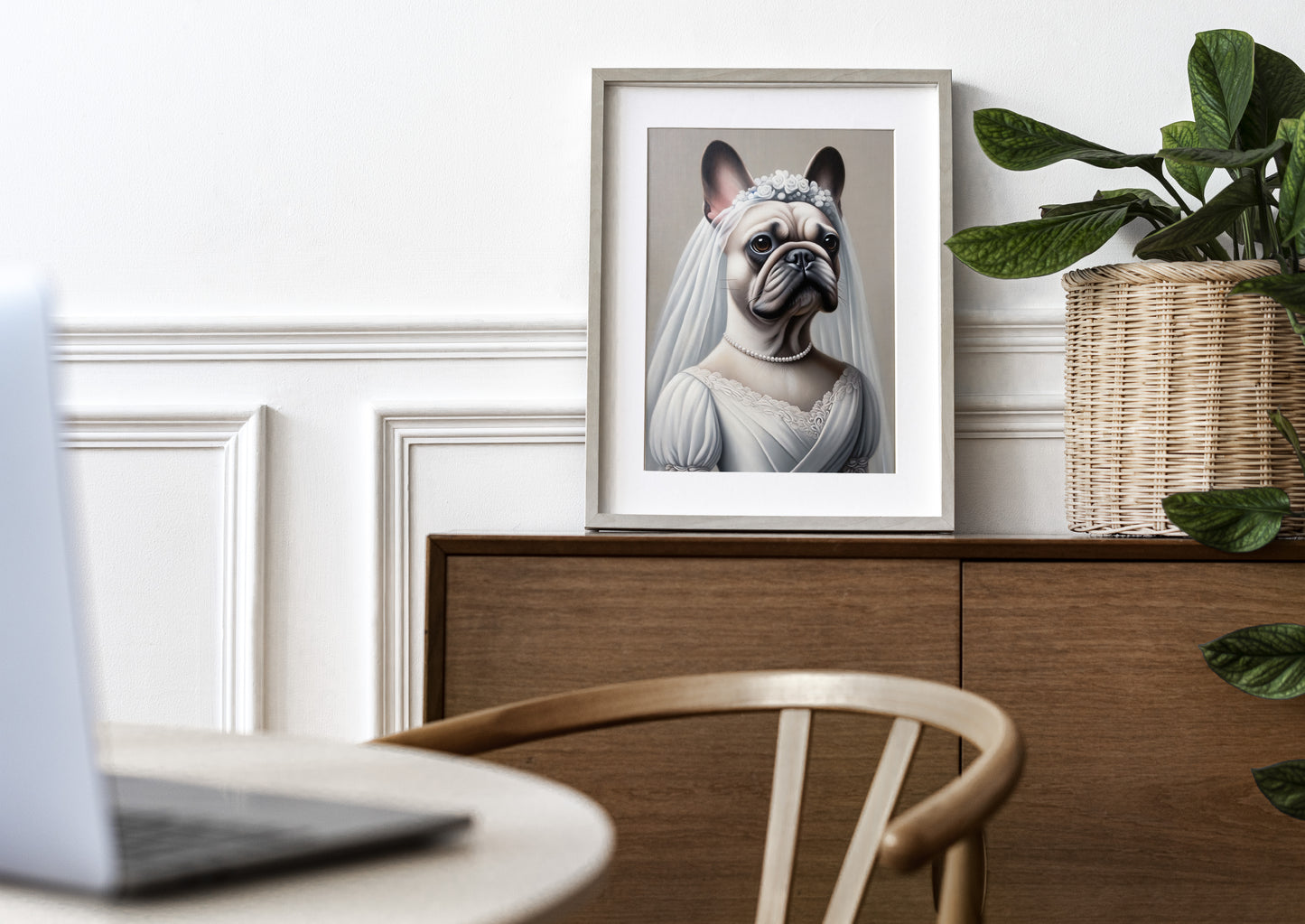 Affiche Bouledogue Français en Mariée - Poster Chien Humour Décoration Murale Animaux Mariage