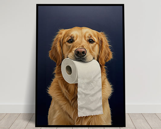 Poster chien Golden Retriever drôle pour WC, Cadeau original, Affiche encadrée déco toilettes, Idée cadeau animal humoristique