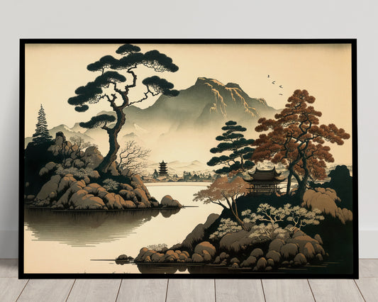Japanese Lake Wall Poster with Temples & Mountain – Landscape Wall Art, Japanese Style Home Decor