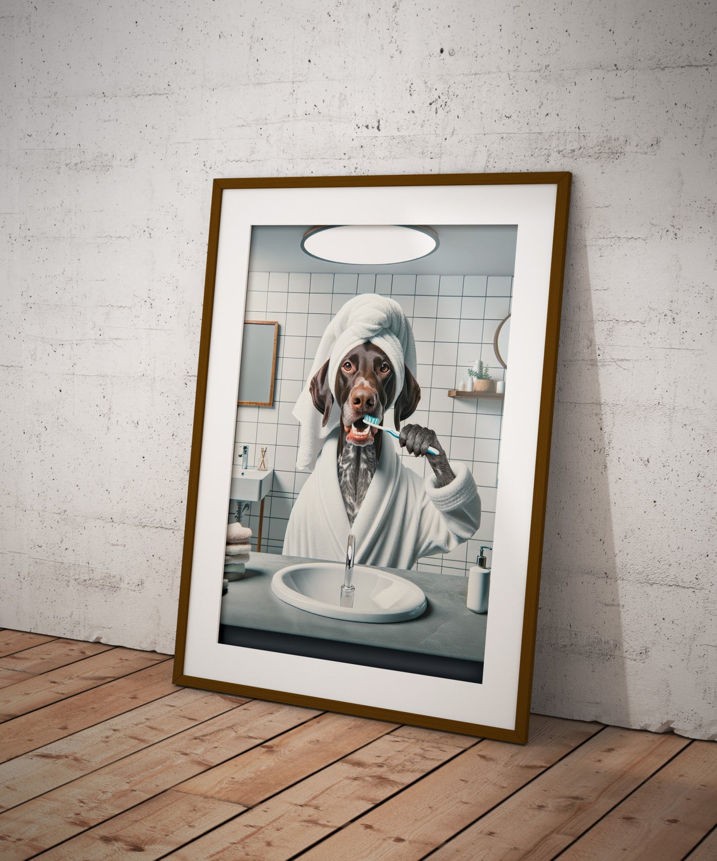 Portrait of a GSP Brushing Teeth in Bathrobe – Funny Dog Bathroom Decor, Cute Poster, GSP Print, German Shorthaired Pointer Gift, Framed art
