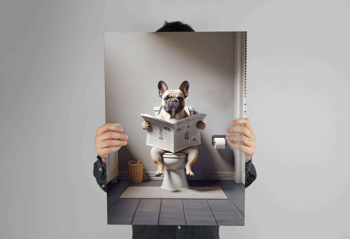 Funny French Bulldog Reading Newspaper Poster – Bathroom Wall Art Decor, Gag Gift for WC/Toilet