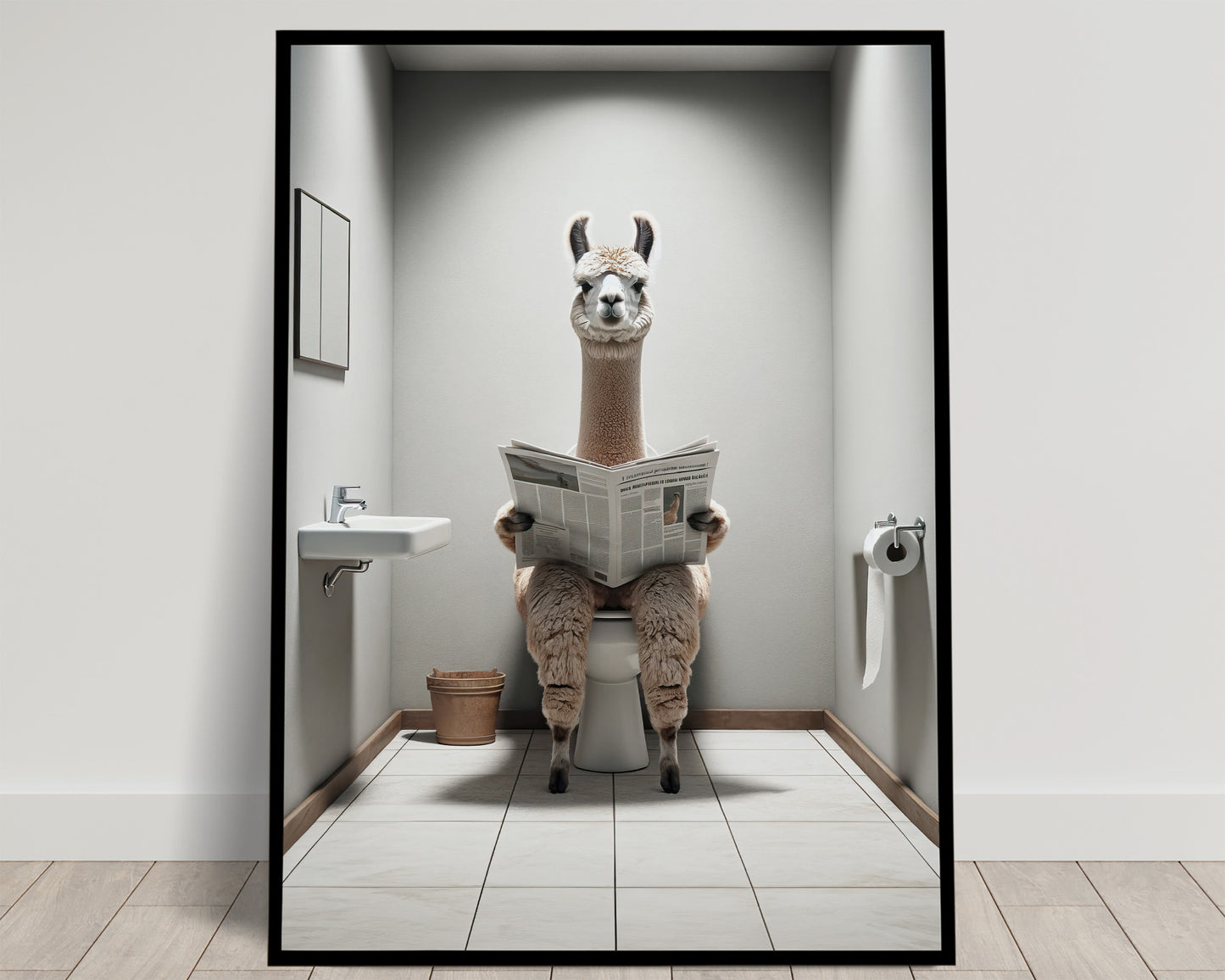 Funny Alpaca on Toilet Reading Newspaper Poster - Unique Bathroom Wall Art Decor - Humorous WC Gift
