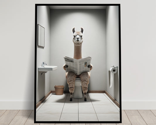 Funny Alpaca on Toilet Reading Newspaper Poster - Unique Bathroom Wall Art Decor - Humorous WC Gift