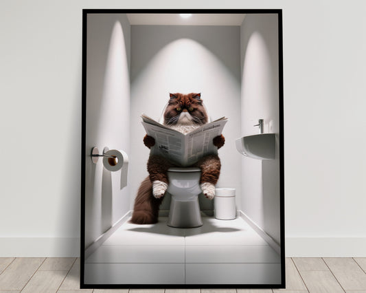 Affiche Murale Humour: Chat Persan Chocolat & Blanc lisant aux Toilettes – Déco WC & Salle de Bain, Cadeau Amusant