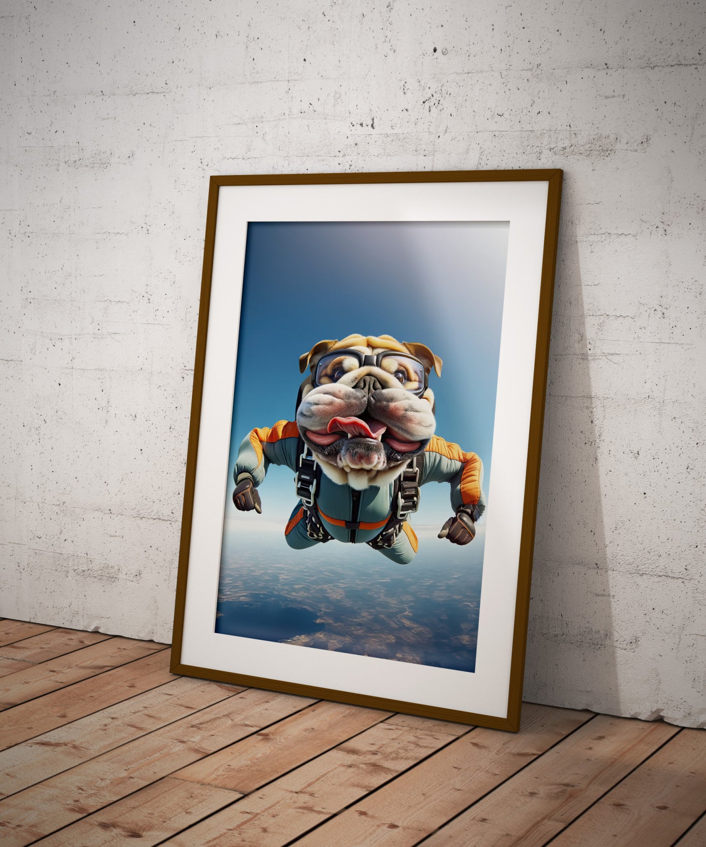 Affiche murale Bulldog Anglais en chute libre, Poster Saut en Parachute, Décor Animal Skydiving, Idée cadeau unique