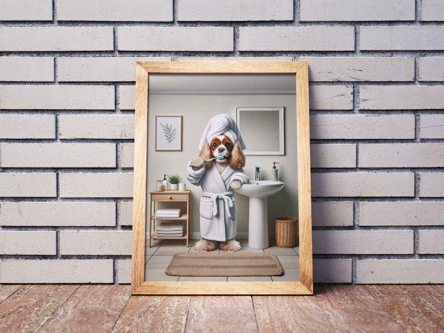 Portrait of a Cavalier King Charles Spaniel Brushing Teeth in Bathrobe – Funny Dog Bathroom Decor, Cute Poster, Gag Gift, Framed art