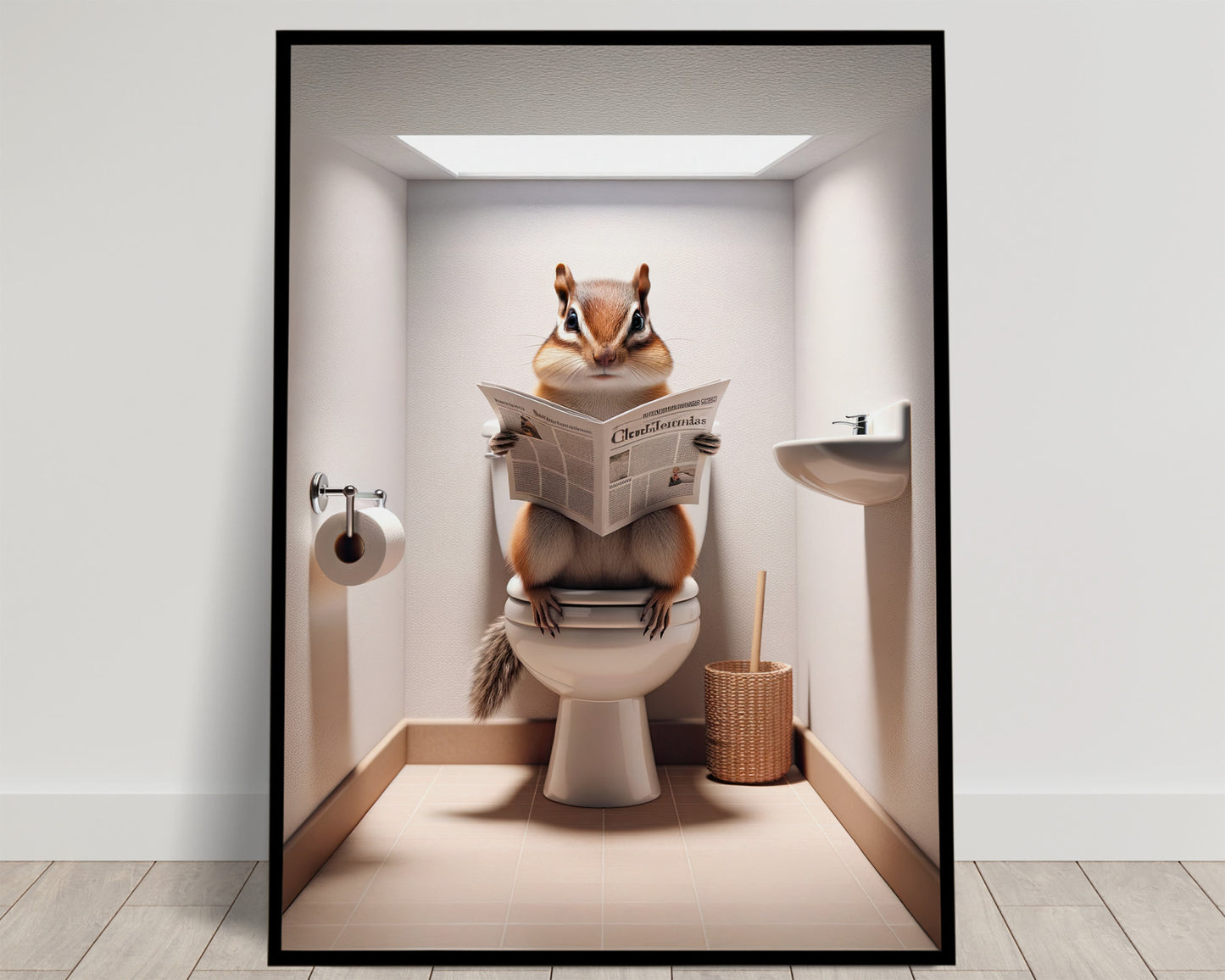 Poster humour : Écureuil lisant le journal, Décoration WC, Cadre déco salle de bain, Art mural drôle, Cadeau original Toilettes