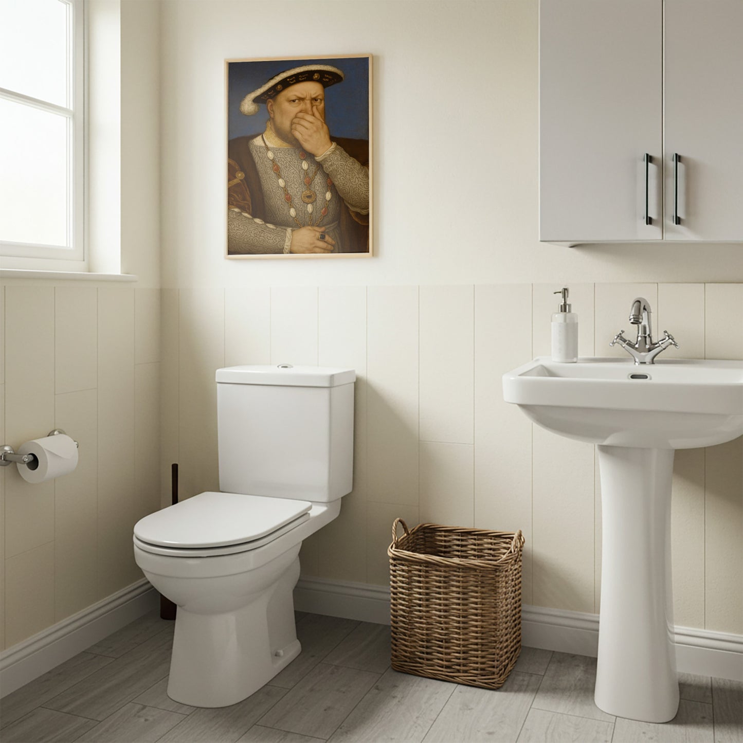 Funny Henry VIII Bathroom Poster – Quirky Restroom Wall Art, Parody Toilet Humor Decor, Unique Framed Gift for Home