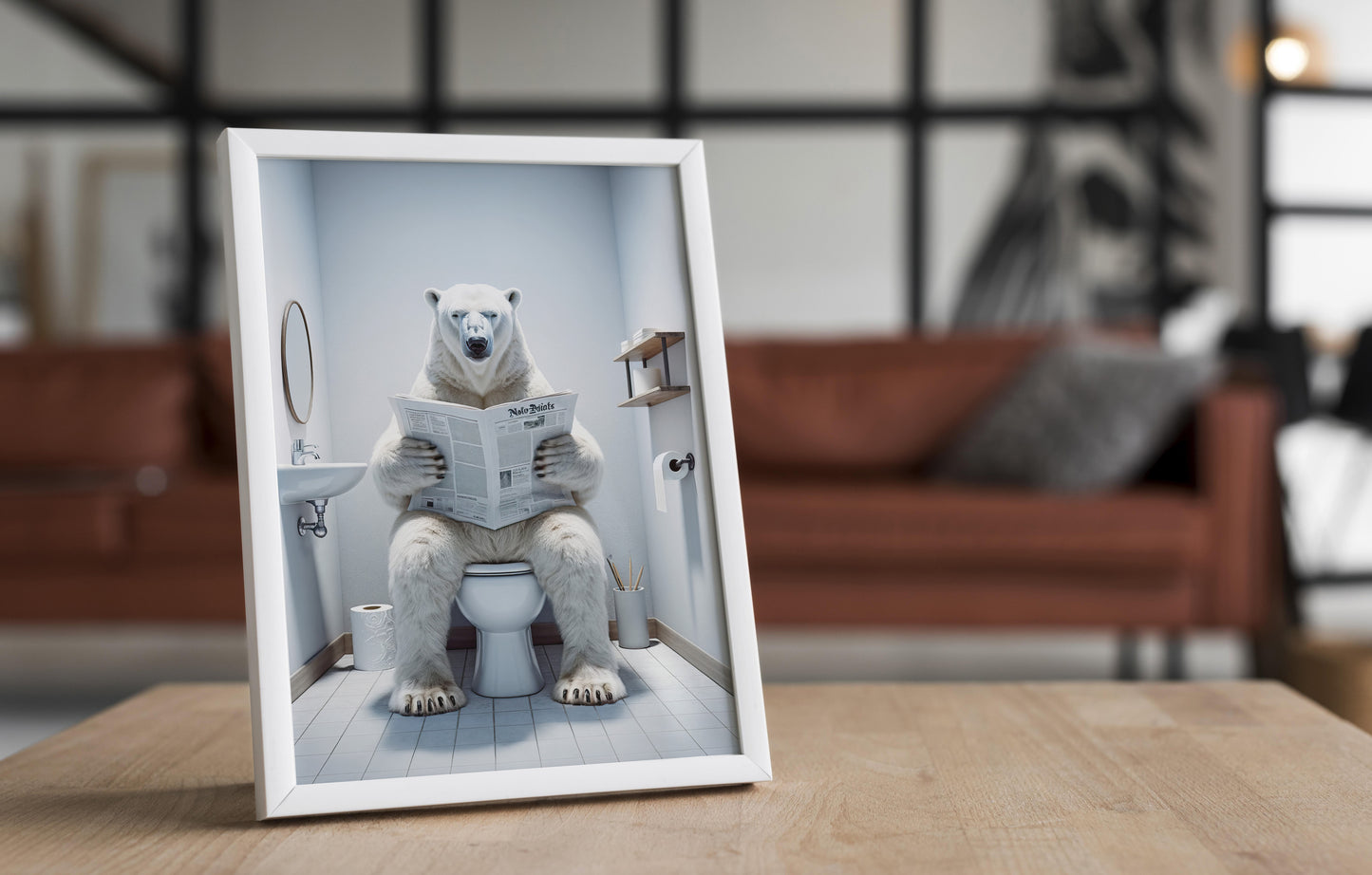 Poster d'un Ours polaire lisant le journal, Décoration Humour WC, Cadre déco Salle de bain, Cadeau Fun, Affiche Toilette