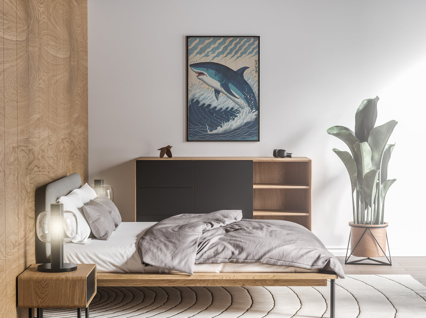 Japanese Shark Poster - Ukiyo-e Style Wall Art, Japan-Inspired Shark Print Decoration for Home or Office