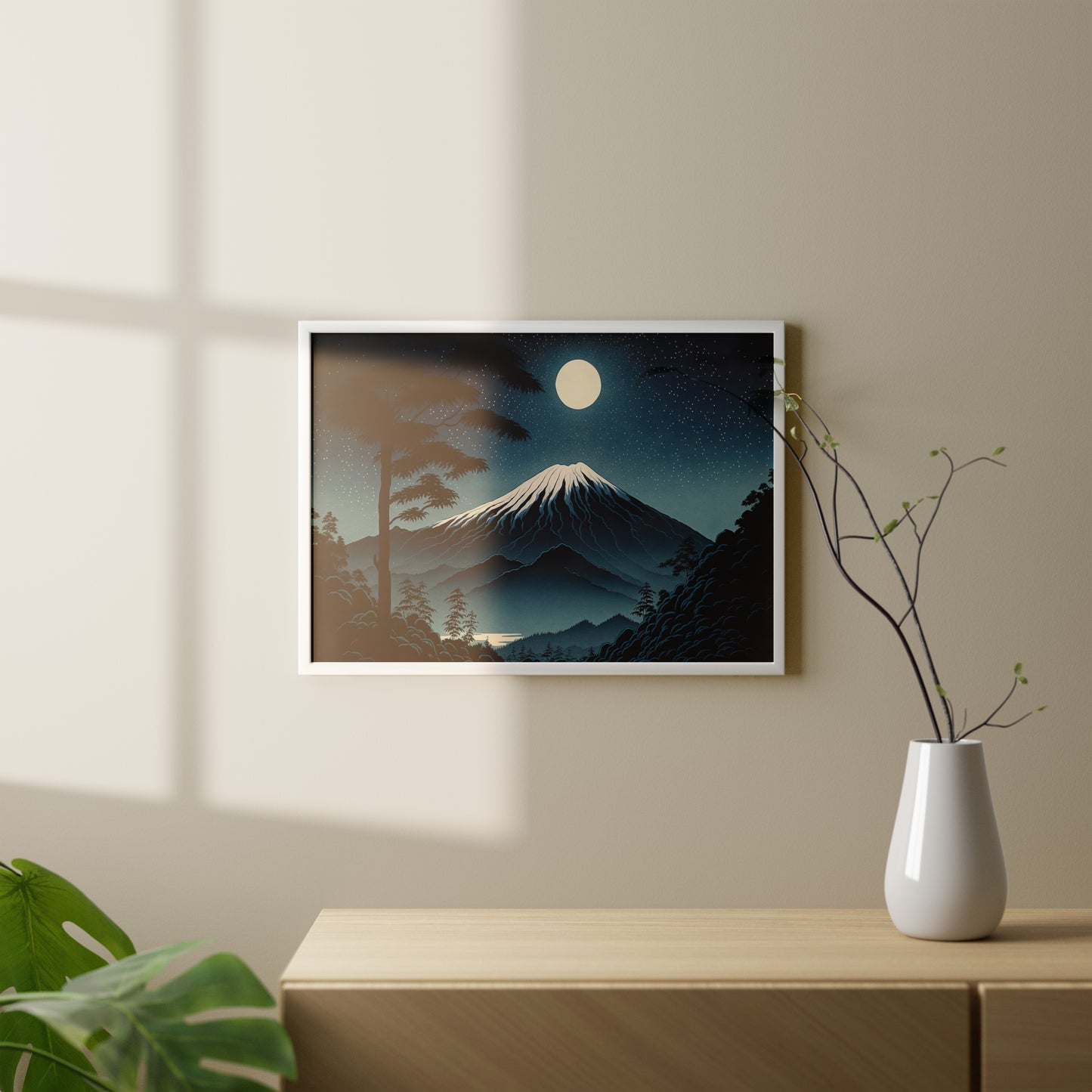 Mount Fuji Poster Under Full Moon - Japanese Art Style Illustration, Fujisan Landscape Wall Decor, Frameable Artwork