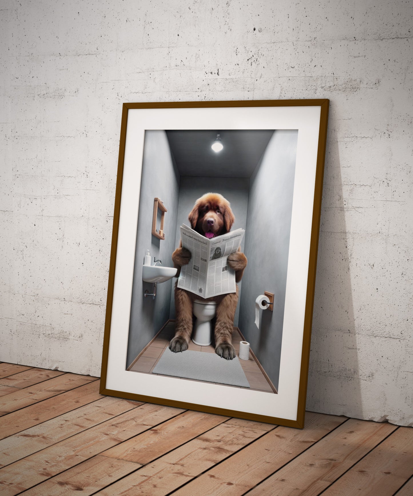 Funny Brown Newfoundland Dog Reading Newspaper Toilet Poster - Humorous Bathroom Wall Art Gag Gift for WC Decor