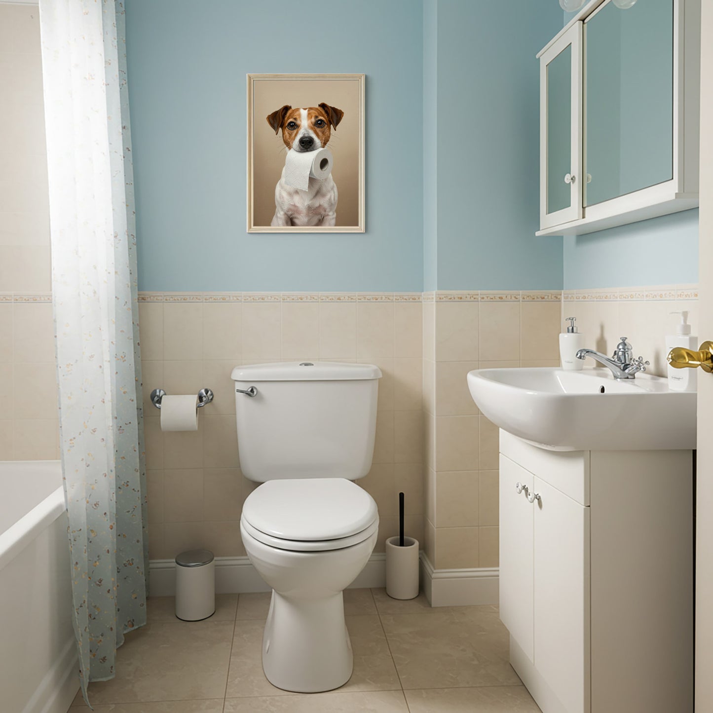 Jack Russell Terrier with toilet paper roll in mouth, Toilet Humor, JRT Gifts, Bathroom Print, Dog Lover Gift, WC Wall Art, Framed Print