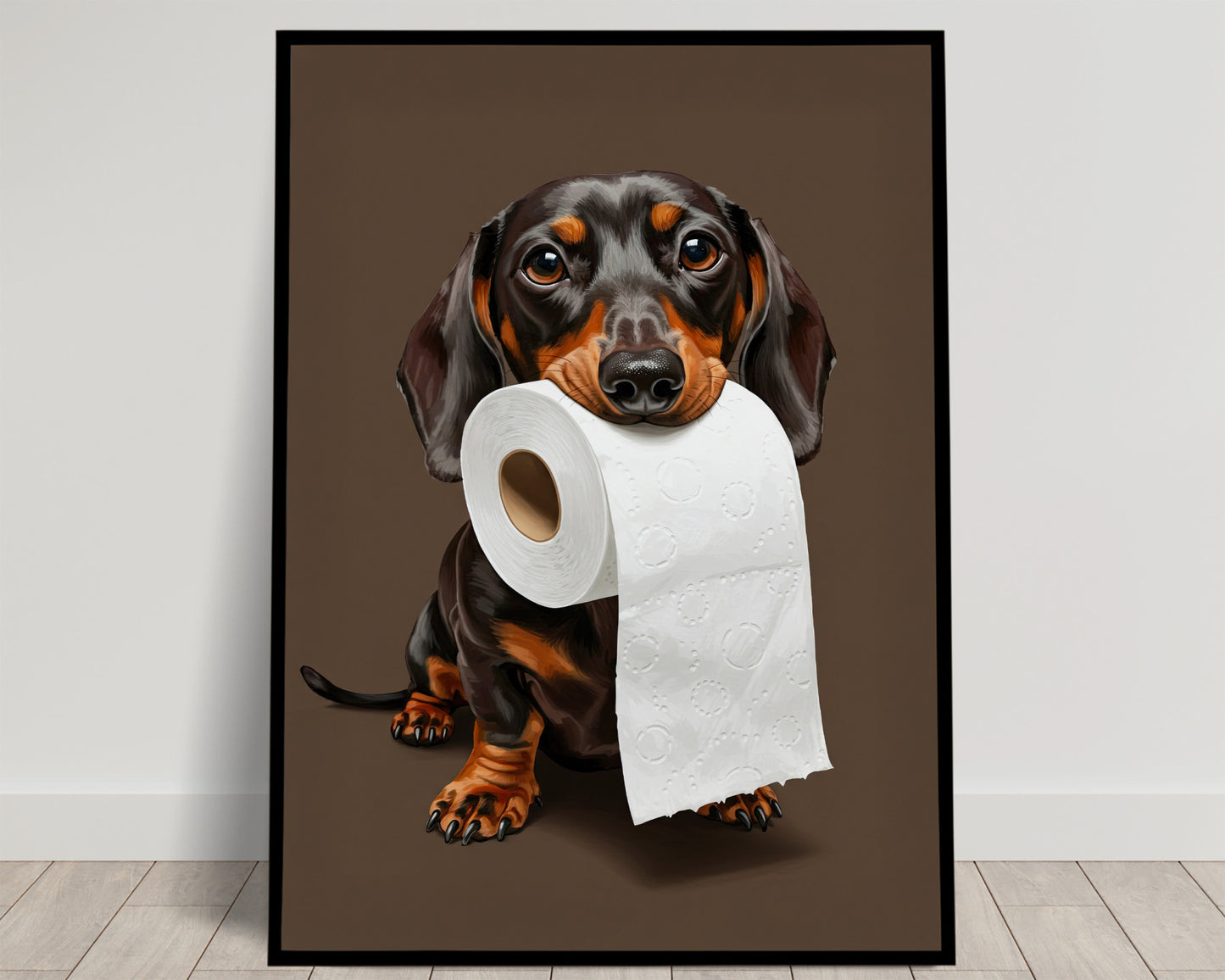 Dachshund with toilet paper roll in mouth, Toilet Humor, Wiener Dog Gifts, Bathroom Print, Dog Lover Gift, WC Wall Art, Framed Print