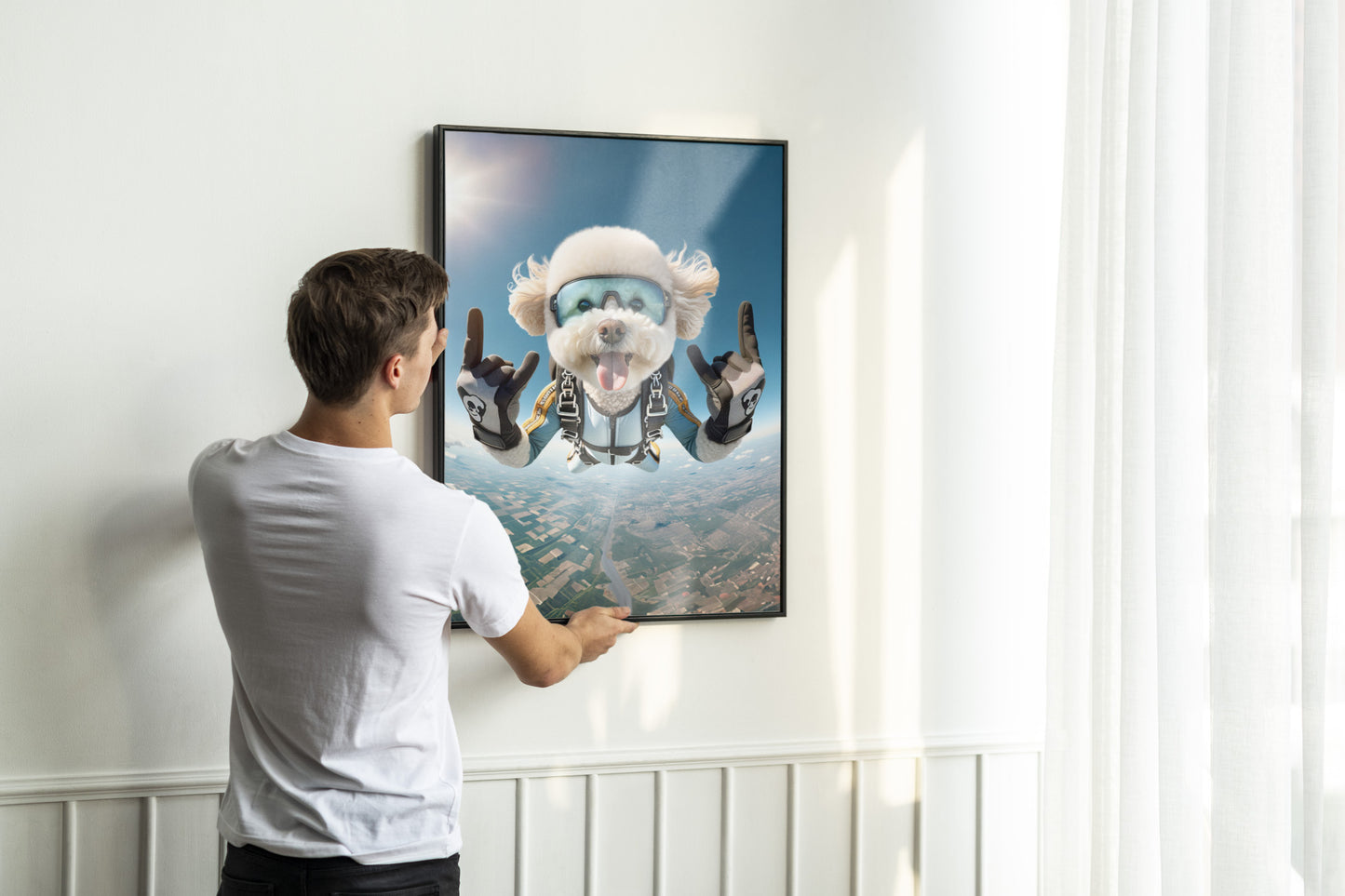 Epic Skydiving Bichon Frise Poster - Unique Animal Wall Art for Dog Lovers & Extreme Sports Decor