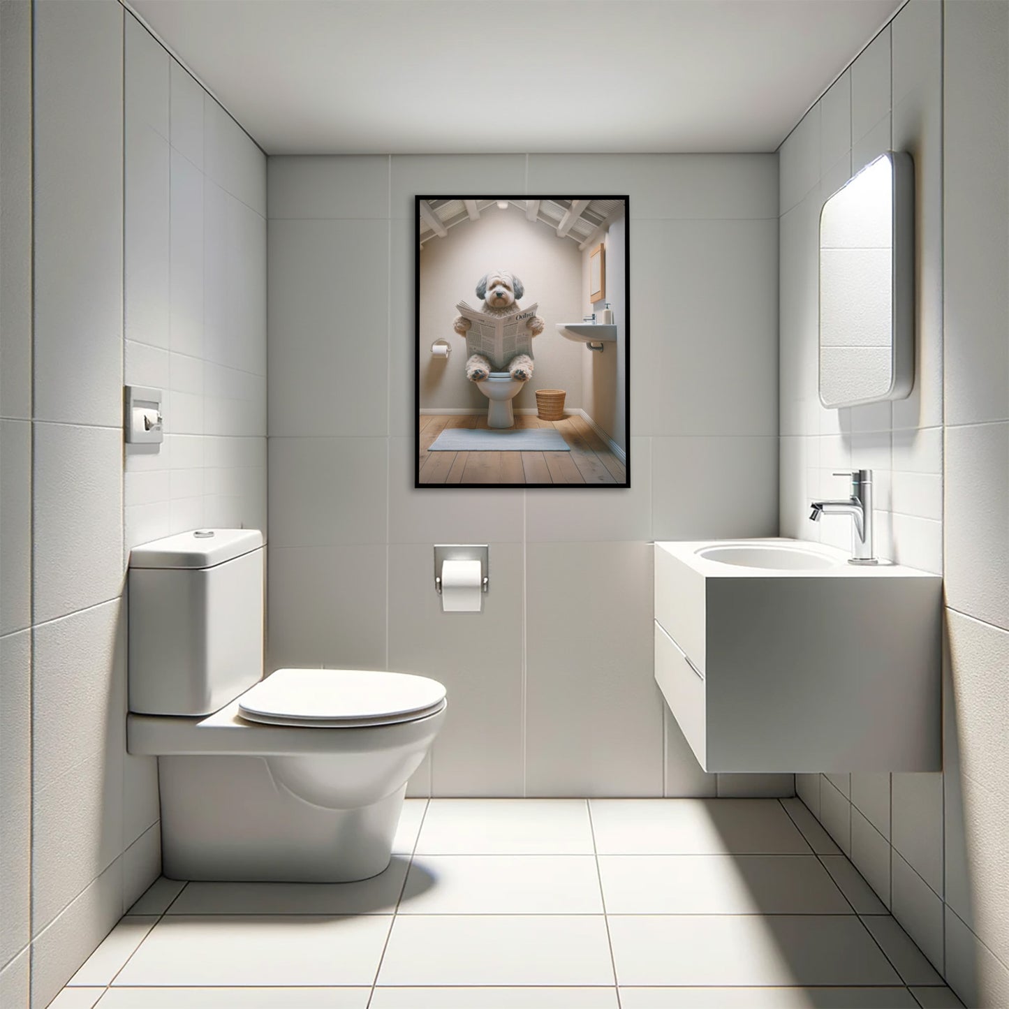 Poster Humour: Bichon Havanais lisant aux Toilettes - Décoration Salle de Bain, Cadeau Amusant
