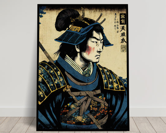 Samurai Poster with Blue Armor - Japanese Ukiyo-e Style Wall Art Decoration for Home or Office