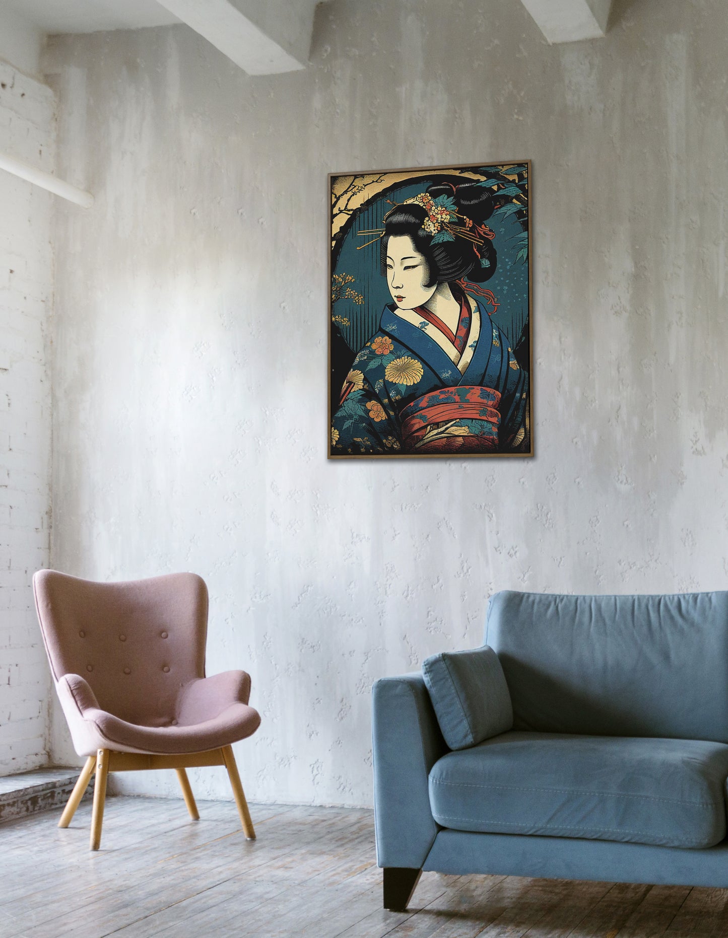 Elegant Japanese Geisha Poster in Blue Kimono - Traditional Art Style for Sophisticated Home Decor