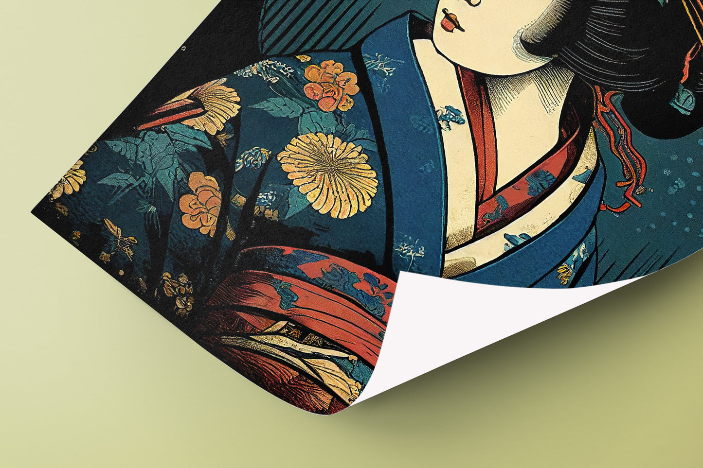 Elegant Japanese Geisha Poster in Blue Kimono - Traditional Art Style for Sophisticated Home Decor