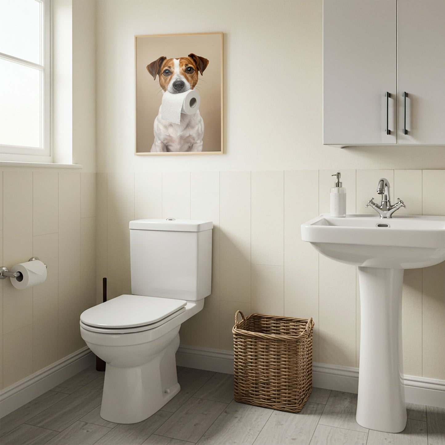 Jack Russell Terrier with toilet paper roll in mouth, Toilet Humor, JRT Gifts, Bathroom Print, Dog Lover Gift, WC Wall Art, Framed Print