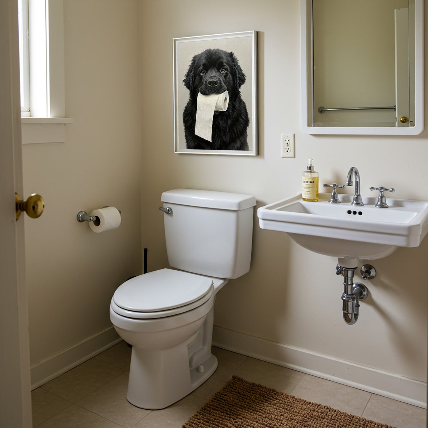 Newfoundland with toilet paper roll in mouth, Toilet Humor, Black Newfie Gifts, Bathroom Print, Dog Lover Gift, WC Wall Art, Framed Print