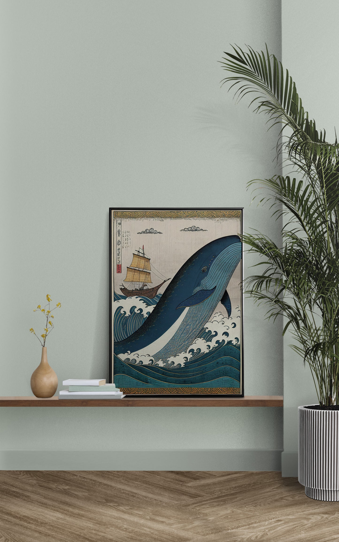 Japanese Ukiyo-e Style Whale and Boat Poster, Artistic Wall Art, Japan-Inspired Decoration Print