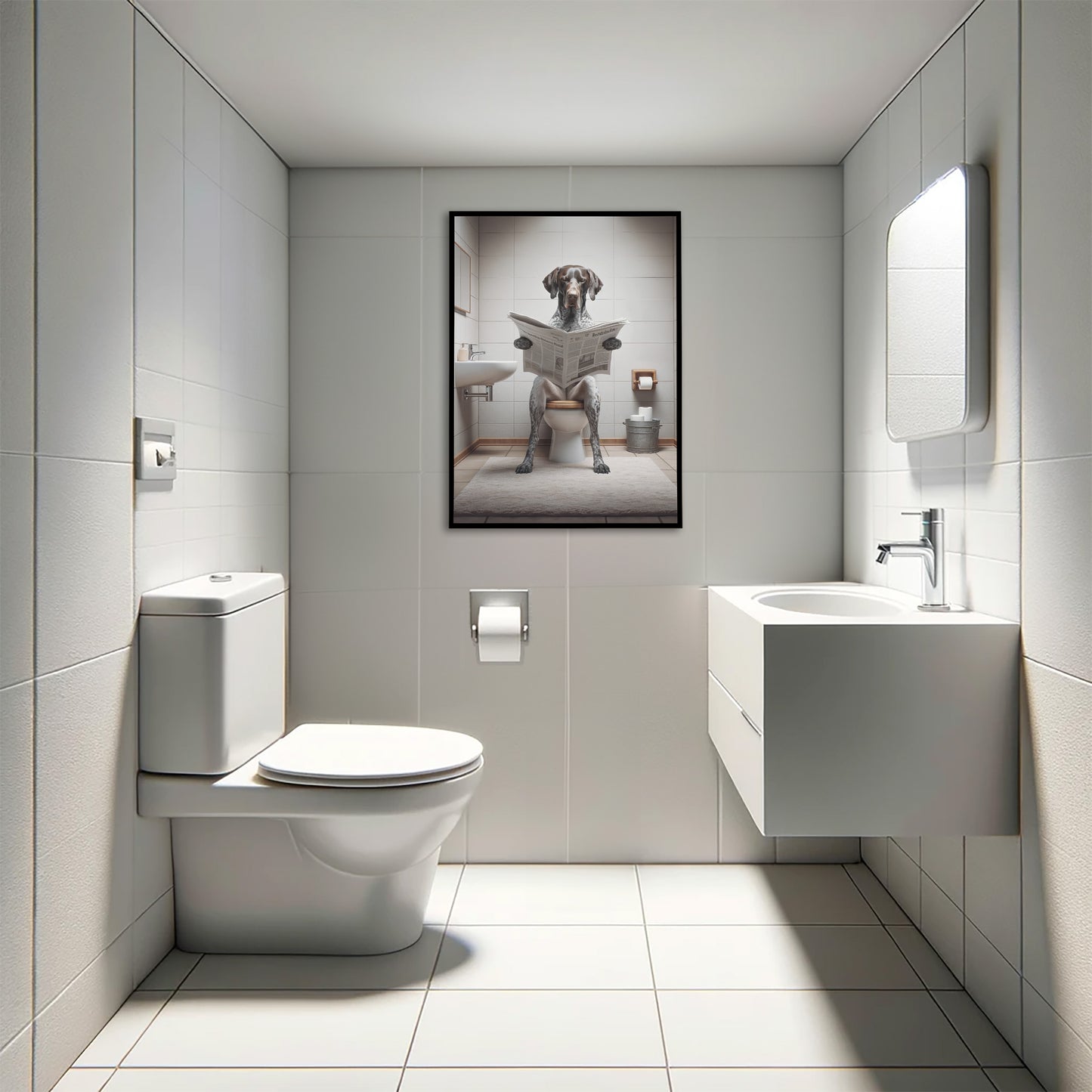 German Shorthaired Pointer Reading Newspaper Poster – Fun Bathroom Decor, WC Art, Gag Gift