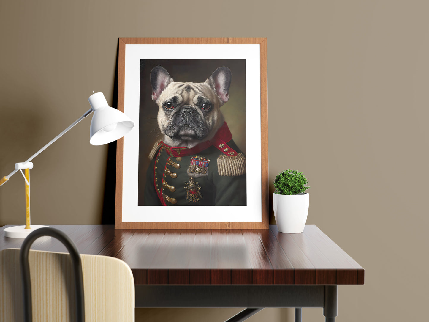 French Bulldog in Military Uniform Poster, Animal Wall Art, Dog Decor, Framed Wall Poster