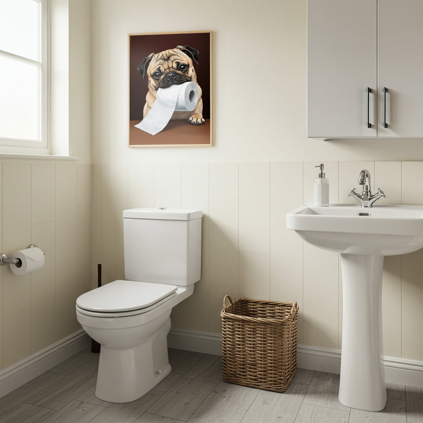 Carlin mordant un rouleau de papier toilette, Humour Toilettes, Poster WC, Cadeau Carlin, Affiche encadrée, Poster chien